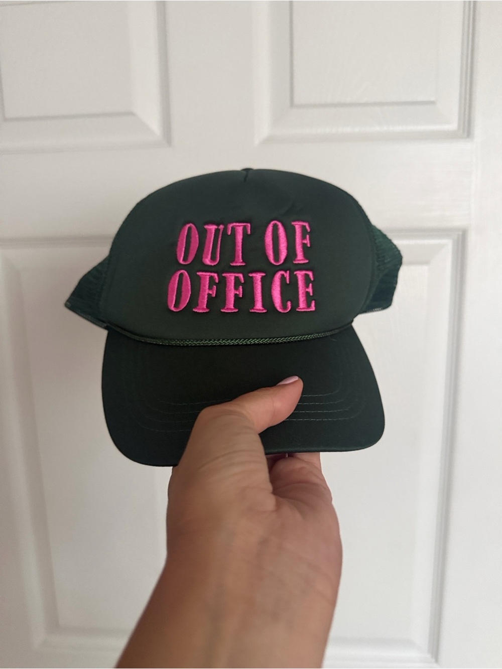 Dark Green Trucker Hat with Pink "OUT OF OFFICE" Embroidery - Picture 2 of 3